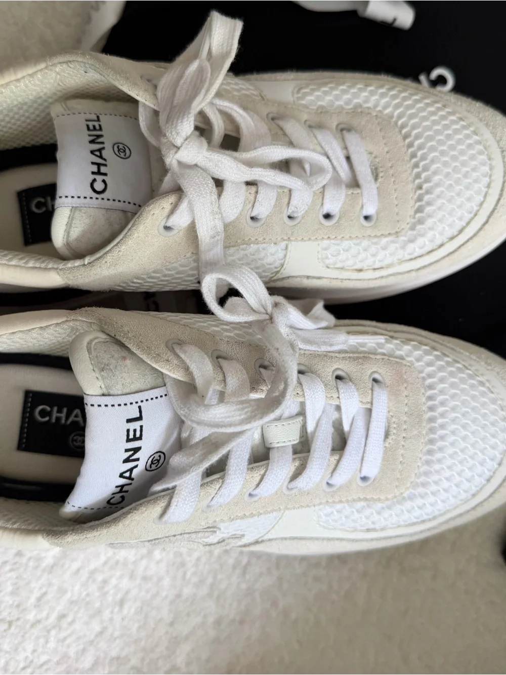 CHANEL Cream and White Interlaced CC Logo Sneakers